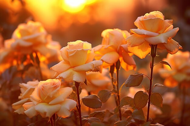 Róże ujęte w świetle złotej godziny dla ciepłego efektu świecącego