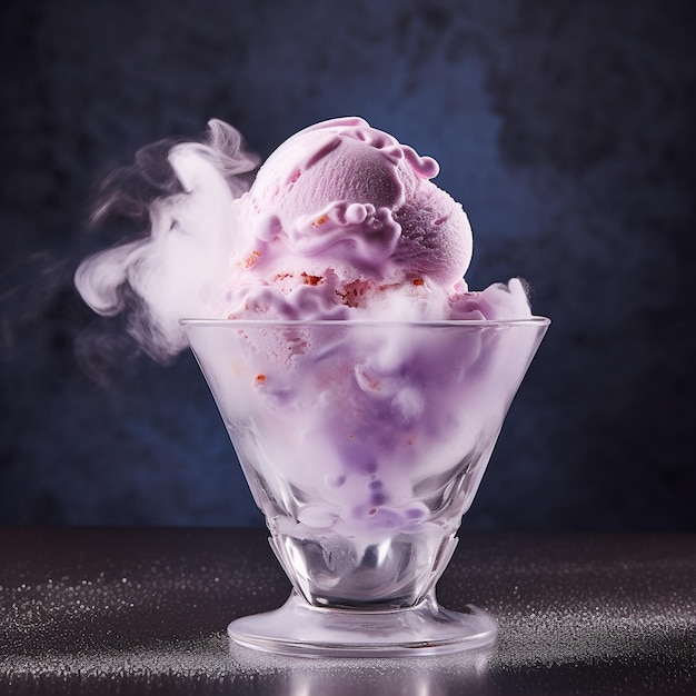 rożek lodowy znajduje się w szklance z fioletowymi lodami.