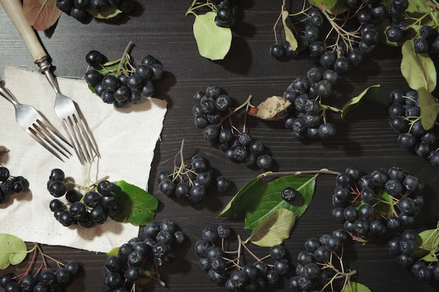 Rozgałęzia się czarne jagody aronii (Aronia melanocarpa) na ciemnym stole