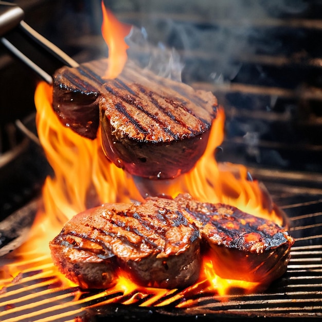 Rozgotowane steki mięsne w płomienie na grillu 45624