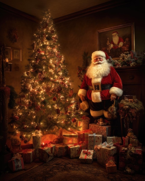 Rozgrzewająca serce scena Świętego Mikołaja stojącego obok choinki