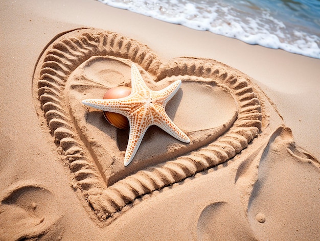 Rozgwiazda i muszla na piasku nad morzem w formie serca