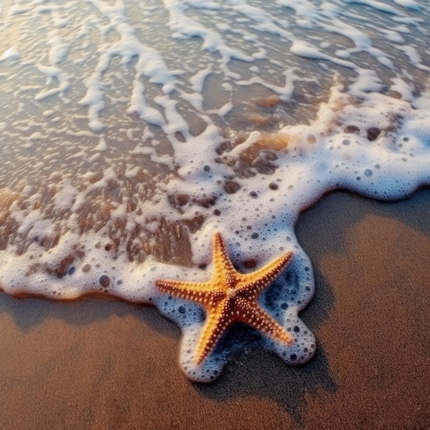 Zdjęcie rozgwiazda na piasku jest myta wodą morską z pianką widok z góry generative ai
