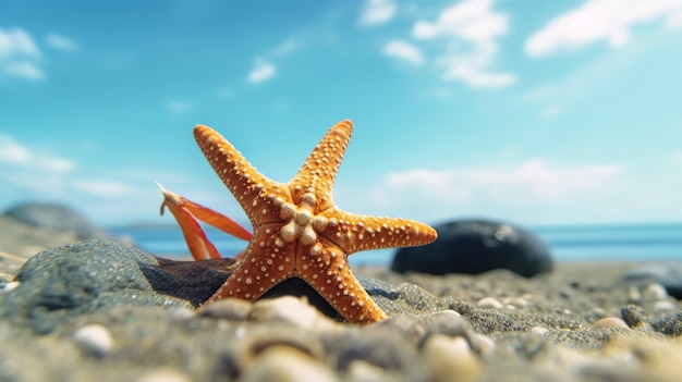 Rozgwiazda na plaży z błękitnym niebem w tle