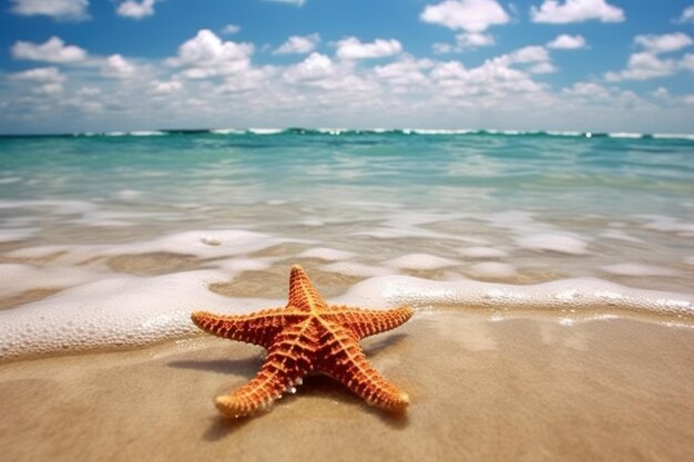 Rozgwiazda na plaży z błękitnym niebem w tle