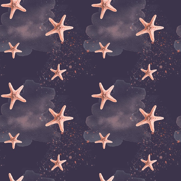 Rozgwiazda w kolorze koralowym z plamami i plamami farby na ciemnoniebieskim tle Akwarela ilustracja Jednolity wzór z kolekcji MEDUSA AND SEA HORSE Do tapet tekstylnych z tkaniny
