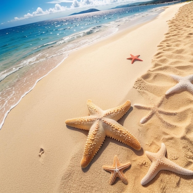 Rozgwiazdy leżą na plaży w piasku.