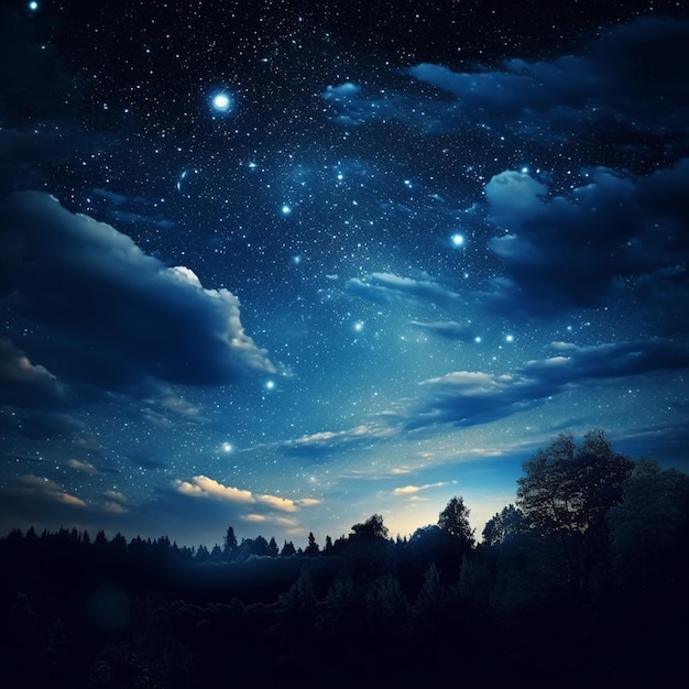 rozgwieżdżone nocne niebo z gwiazdami i chmurami nad leśną ai generatywną