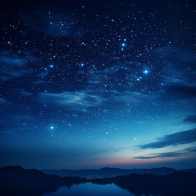 rozgwieżdżone nocne niebo z gwiazdami nad jeziorem i górami generatywnymi ai