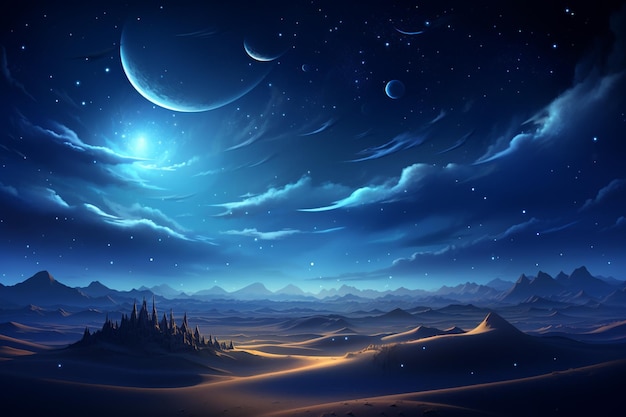 rozgwieżdżone nocne niebo z księżycem i gwiazdami nad generatywną ai pasma górskiego