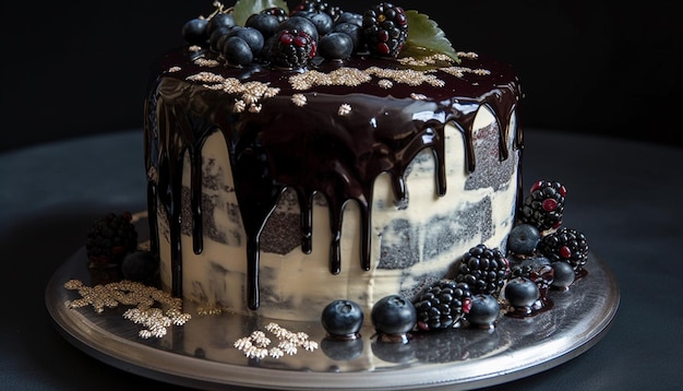 Rozkoszne jagodowe ciasto czekoladowe ze świeżymi dekoracjami wygenerowanymi przez sztuczną inteligencję