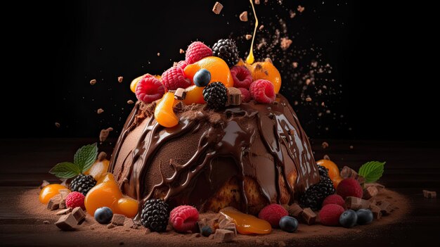 Rozkoszuj się owocowym deserem czekoladowym, który zawiera eksplozję smaku Uchwycony w stylu fotografii kulinarnej na ciemnym tle Generatywna sztuczna inteligencja