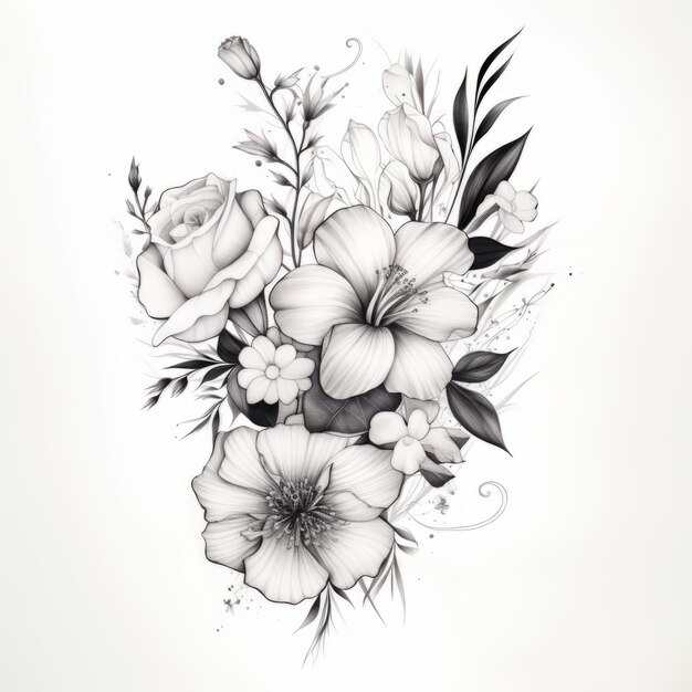 Zdjęcie rozkwitające głębi - fascynująca kompilacja ilustratywnych czarnych i szarych kwiatów w stylu tatuażu