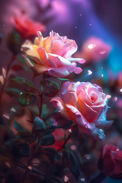 Zdjęcie rozkwitające różowe kwiaty w fantazji świecą z bliska