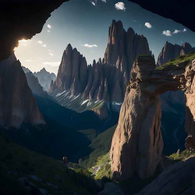 Rozległa panorama majestatycznych Dolomitów widziana z głębi sztucznej jaskini