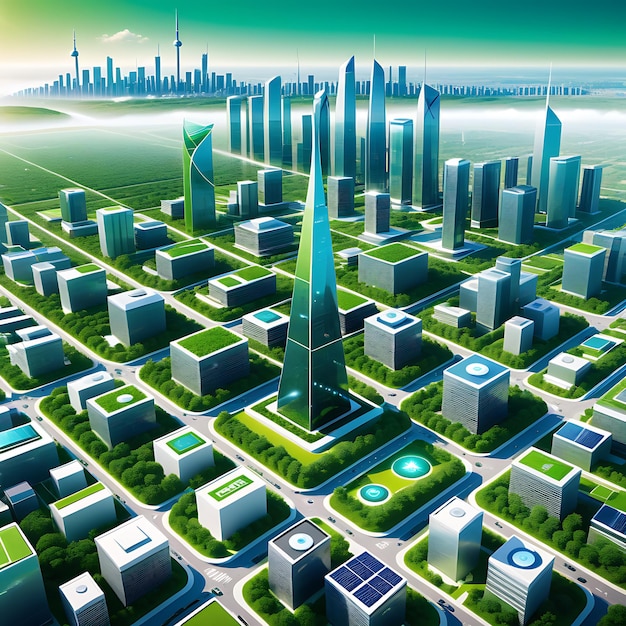 Rozległa zielona społeczność z infrastrukturą cyfrowego inteligentnego miasta i szybką siecią danych