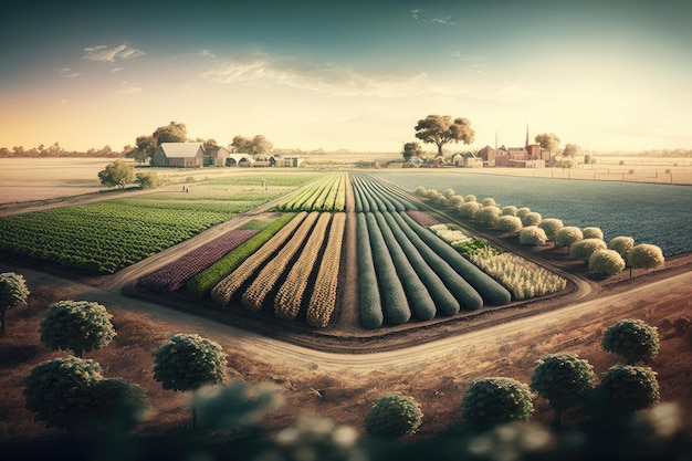 Zdjęcie rozległe nieuprawiane pole z ogrodami warzywnymi utworzonymi za pomocą generatywnej sztucznej inteligencji