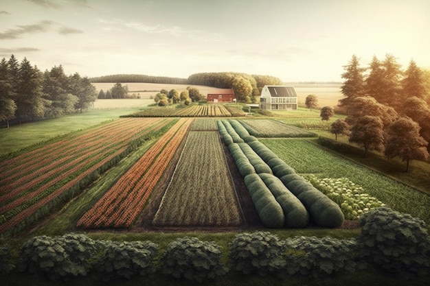 Rozległe nieuprawiane pole z ogrodami warzywnymi utworzonymi za pomocą generatywnej sztucznej inteligencji