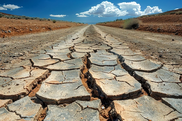 Rozległe pęknięte suche tereny rozciągające się pod niebieskim niebem Zmiany klimatyczne i susza w suchym środowisku