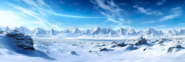 rozległy, opuszczony teren śnieżny duże góry w tle opady śniegu z jasnoniebieskim niebem i jasnoniebieskimi kolorami spokojna atmosfera AI Generative