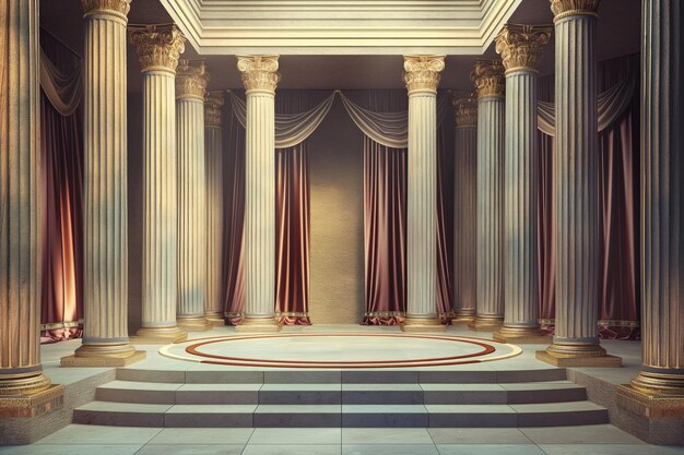Rozległy pokój z wspaniałymi rzymskimi kolumnami i eleganckimi zasłonami