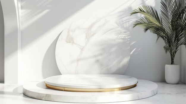 Zdjęcie rozległy pokój zalany światłem słonecznym z okrągłym marmurowym wyświetlaczem z złotymi akcentami