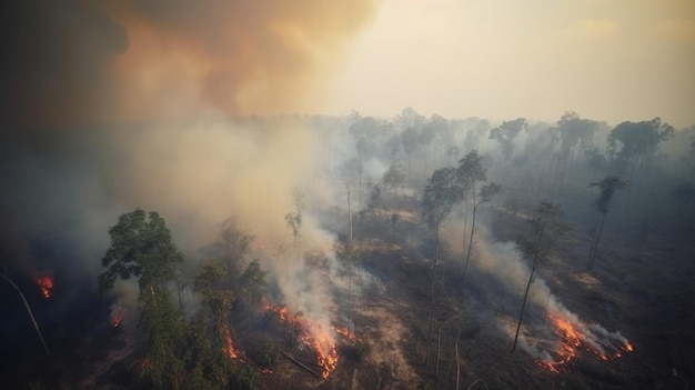 Rozległy pożar lasu z ciężkim ciemnym dymem w lesie tropikalnym Przyczyna wylesiania