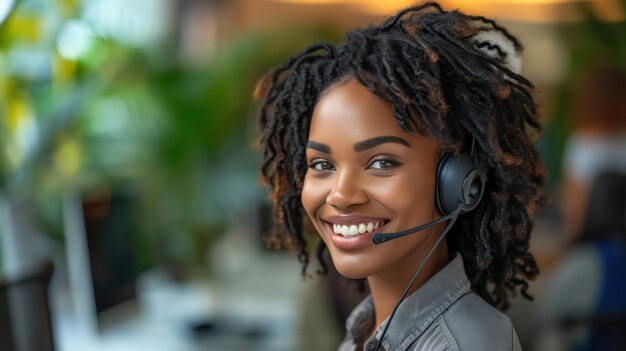 Rozmowa w centrum telefonicznym i szczęśliwa kobieta w biurku pomocy dla doradztwa sprzedaży i telemarketingu w słuchawkach