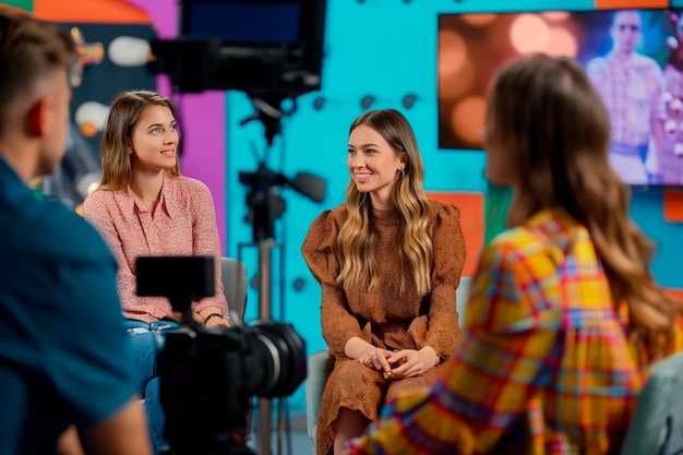 Zdjęcie rozmowa w programie telewizyjnym kobieta prezenterka i dwaj goście