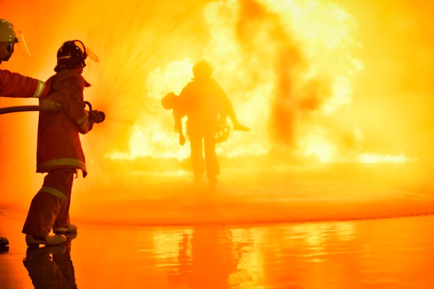 Rozmycia i sylwetki strażaków gaszących pożary i pomagających ofiarom.