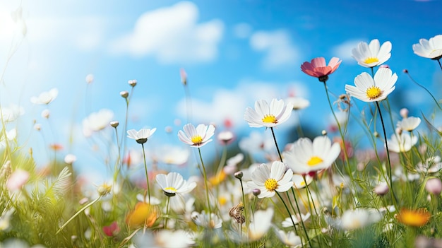 Rozmycie bokeh wiosenny kwiat pola krajobraz w jasny, słoneczny dzień błękitnego nieba