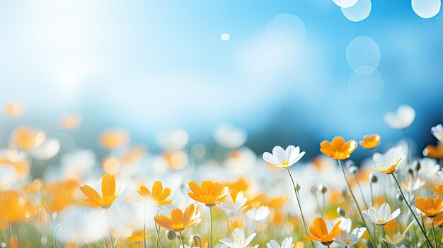 Rozmycie bokeh wiosenny kwiat pola krajobraz w jasny, słoneczny dzień błękitnego nieba