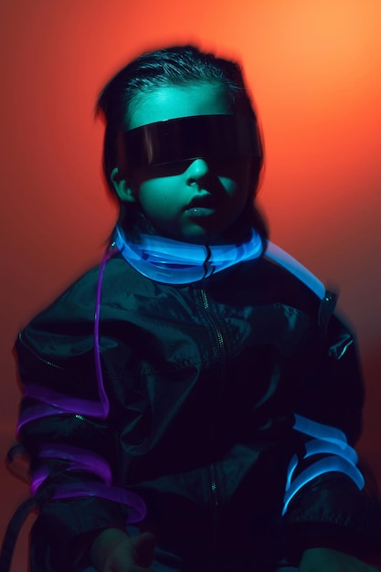 Rozmycie portret cyberpunk chłopca w okularach vr w odcieniach niebieskiego i czerwonego z przewodami na czerwonym tle