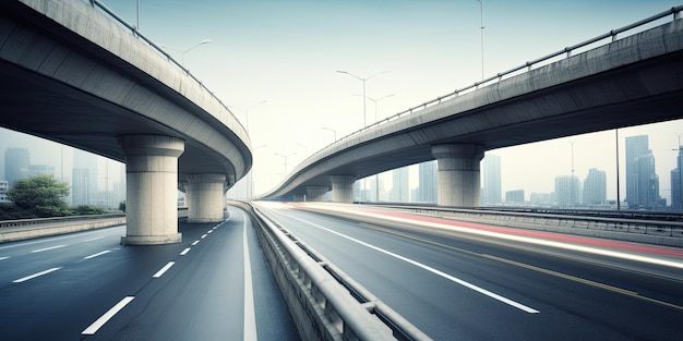 Rozmycie ruchu wiaduktu autostrady z futurystyczną koncepcją infrastruktury drogowej połączenia Generative AI