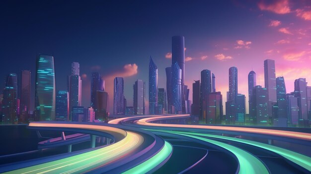 Rozmycie ruchu wiaduktu autostrady z tłem miasta Futurystyczna ilustracja technologii przyszłości Generative AI