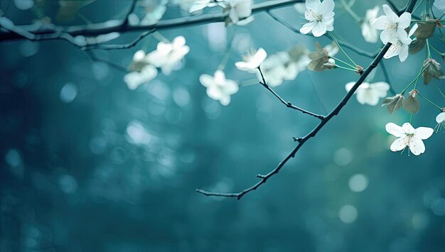 rozmyte abstrakcyjne zdjęcie pnia drzewa i kwiatów z liśćmi w świetle w stylu ciemnej turkusu