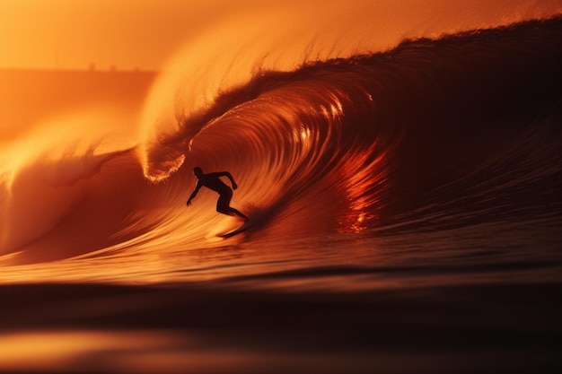 Rozmyty surfer surfujący przy Sunrise Generative AI