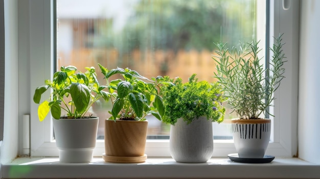 Różne aromatyczne zioła na oknie w pomieszczeniach