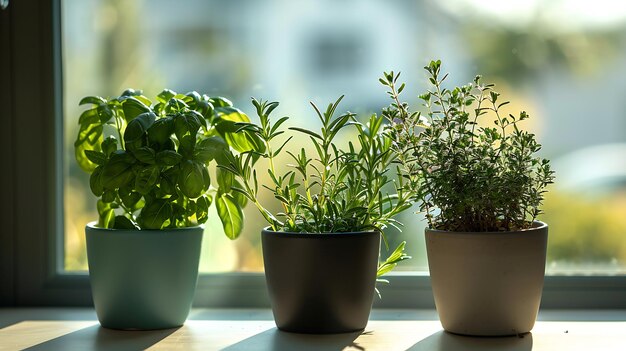 Różne aromatyczne zioła w doniczkach na oknie w pomieszczeniach Generatywna sztuczna inteligencja