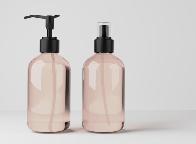 Różne beżowe szklane butelki do produktów do pielęgnacji włosów i ciała Zestaw renderowania 3D pojemników kosmetycznych o