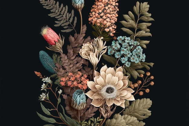 Różne botaniczne bukiety kwiatów na ciemnym tle Ciekawa i piękna kompozycja kwiatowa o wysokiej rozdzielczości generatywna sztuczna inteligencja