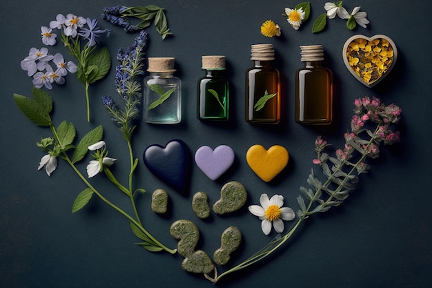 Różne butelki olejków eterycznych, w tym serce, kwiaty i serce.