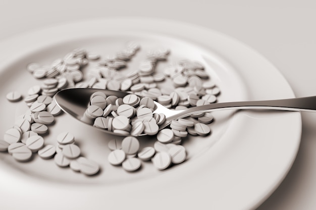 Różne Farmaceutyczne Pigułki Leku I łyżki Tabletek. Ilustracja Renderowania 3d