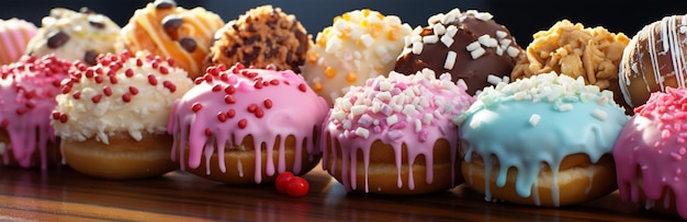 Różne i kolaż pysznych glazurowanych pączków, popularny deser Zdjęcie z góry dla cukierni