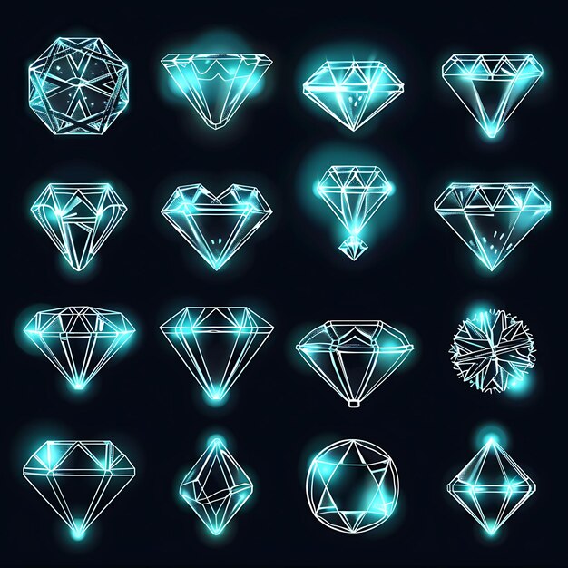 Różne ikony diamentów z błyszczącym neonowym blaskiem w kropkowanym konturze w kształcie neonu Y2K Art Design