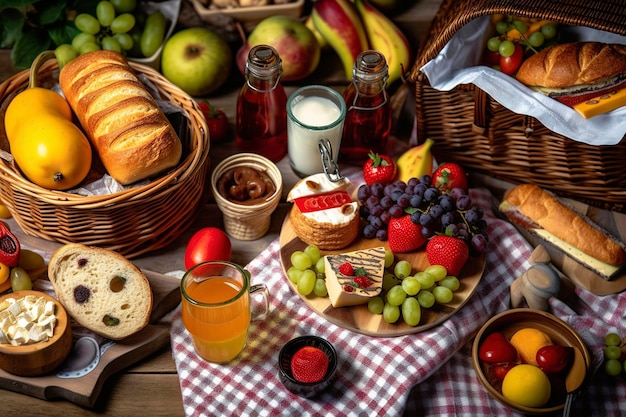 Zdjęcie różne jedzenie i napoje piknikowe generują ai