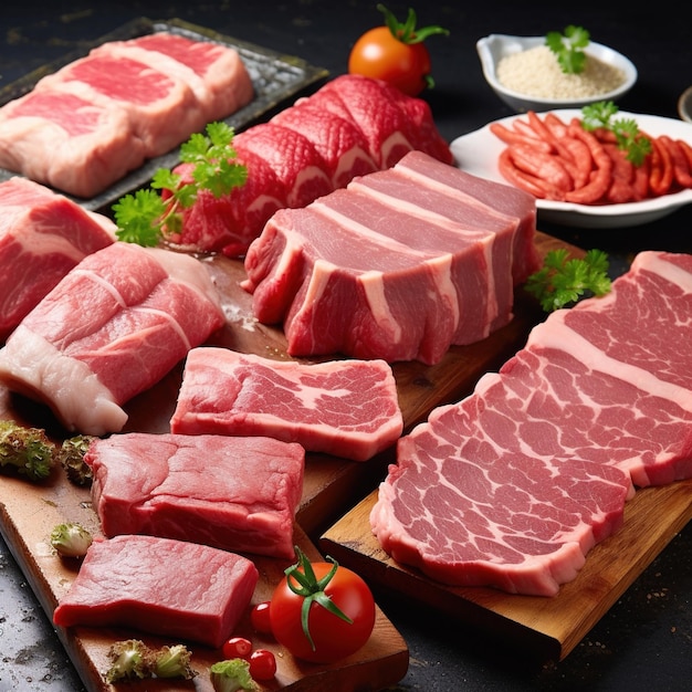 Zdjęcie różne kawałki surowej wołowiny i wieprzowiny na drewnianej desce do cięcia
