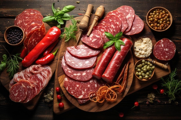 Różne kiełbasy salami i wędzone mięso z bazylią i przyprawami na drewnianym tle