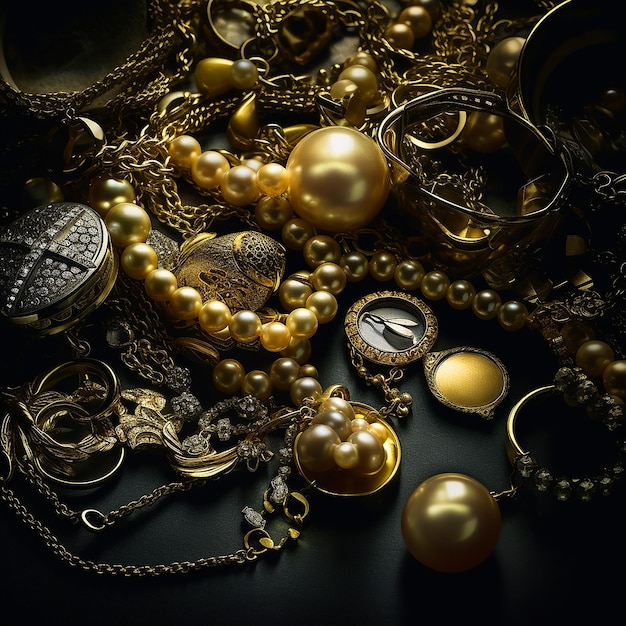 Różne klejnoty na przedmiotach z czarnego drobnego złota, pierścionki, broszki, naszyjniki, łańcuszki, biżuteria w stylu vintage