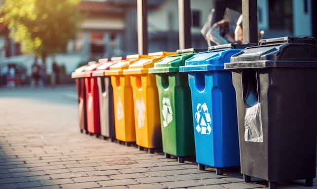 Różne kolorowe kosze na odpady Recykling i oddzielanie różnych rodzajów śmieci Generative Ai